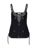 1354EMB Tie strap top Silver embroidery Black